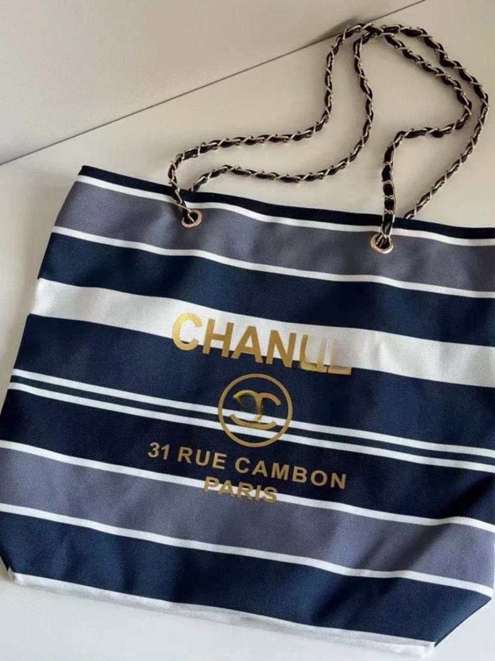CHANEL Beauty ViP Gift with Purchased, Blue,white stripes Canvas Fabric Tote